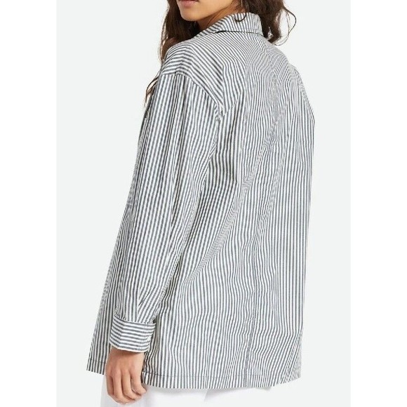 Brixton Bowery Overshirt Button Up Long Sleeve Navy Striped Shirt Sz M NWT - Picture 2 of 10